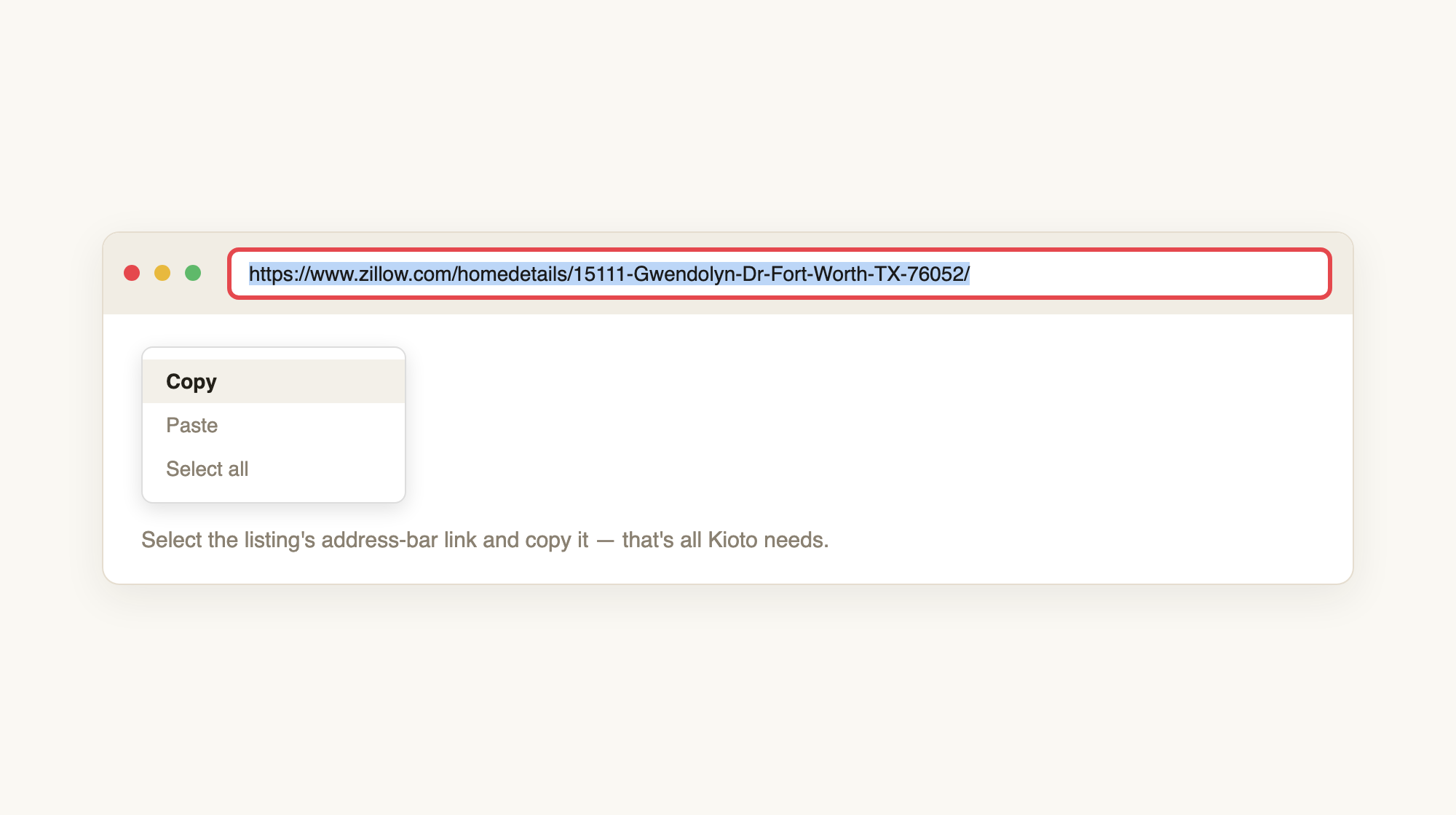 Step 1 — select the listing's address-bar link on Zillow and copy it