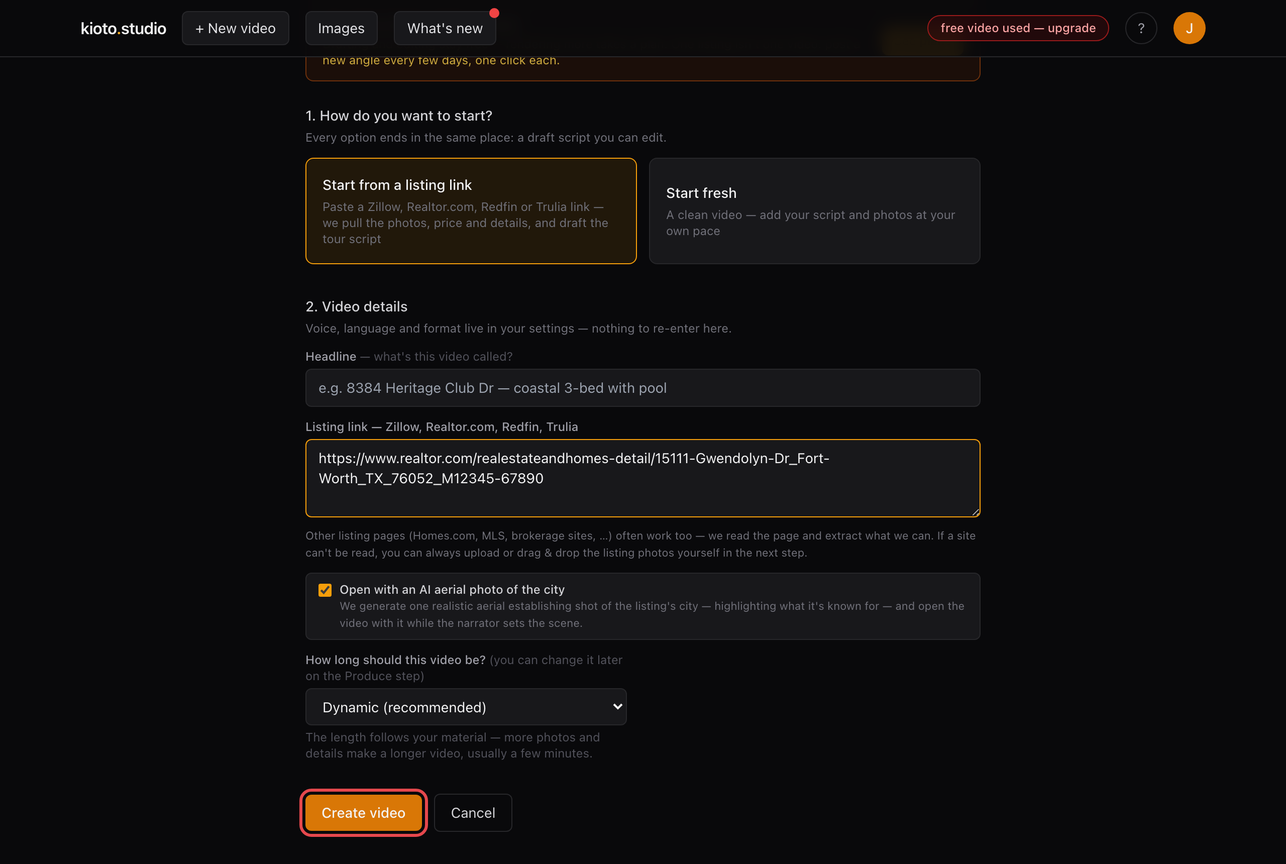 Step 3 — the Create video button in the Kioto studio