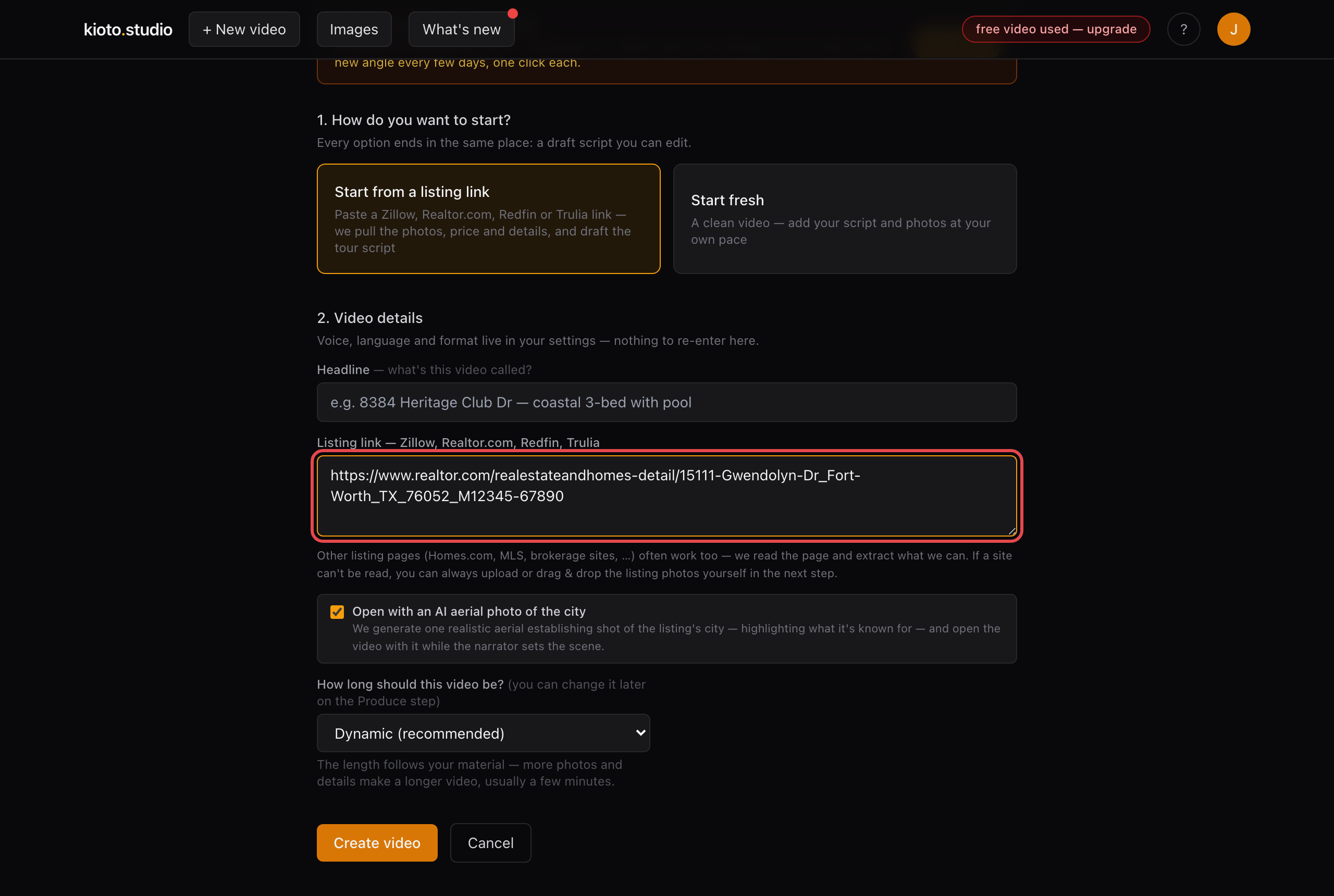 Step 2 — the Kioto studio New Video page with the listing link pasted in